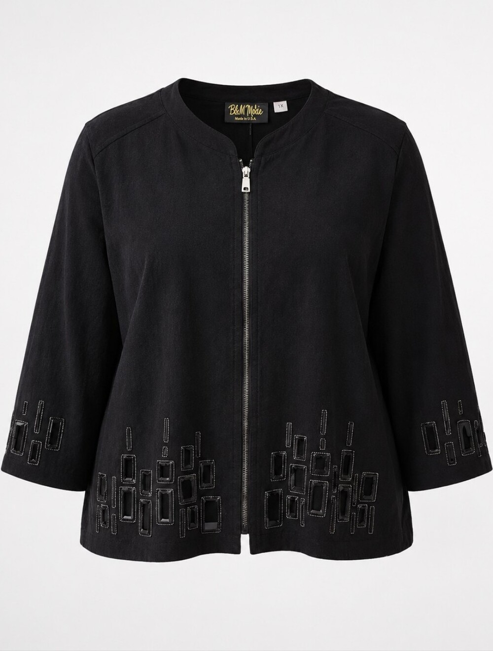 Bob Mackie Black Zip-Front Suede Jacket with Geometric Embellishments